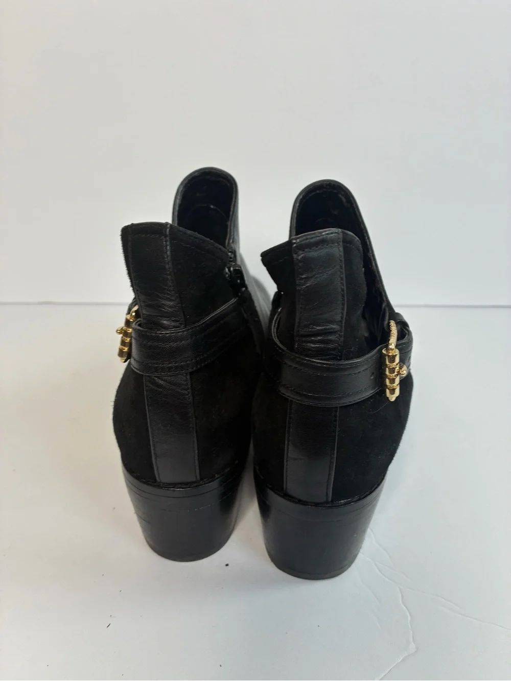 Cole Haan Black Preppy Leather & Suede Ankle Boot with Gold Buckle Size 6.5